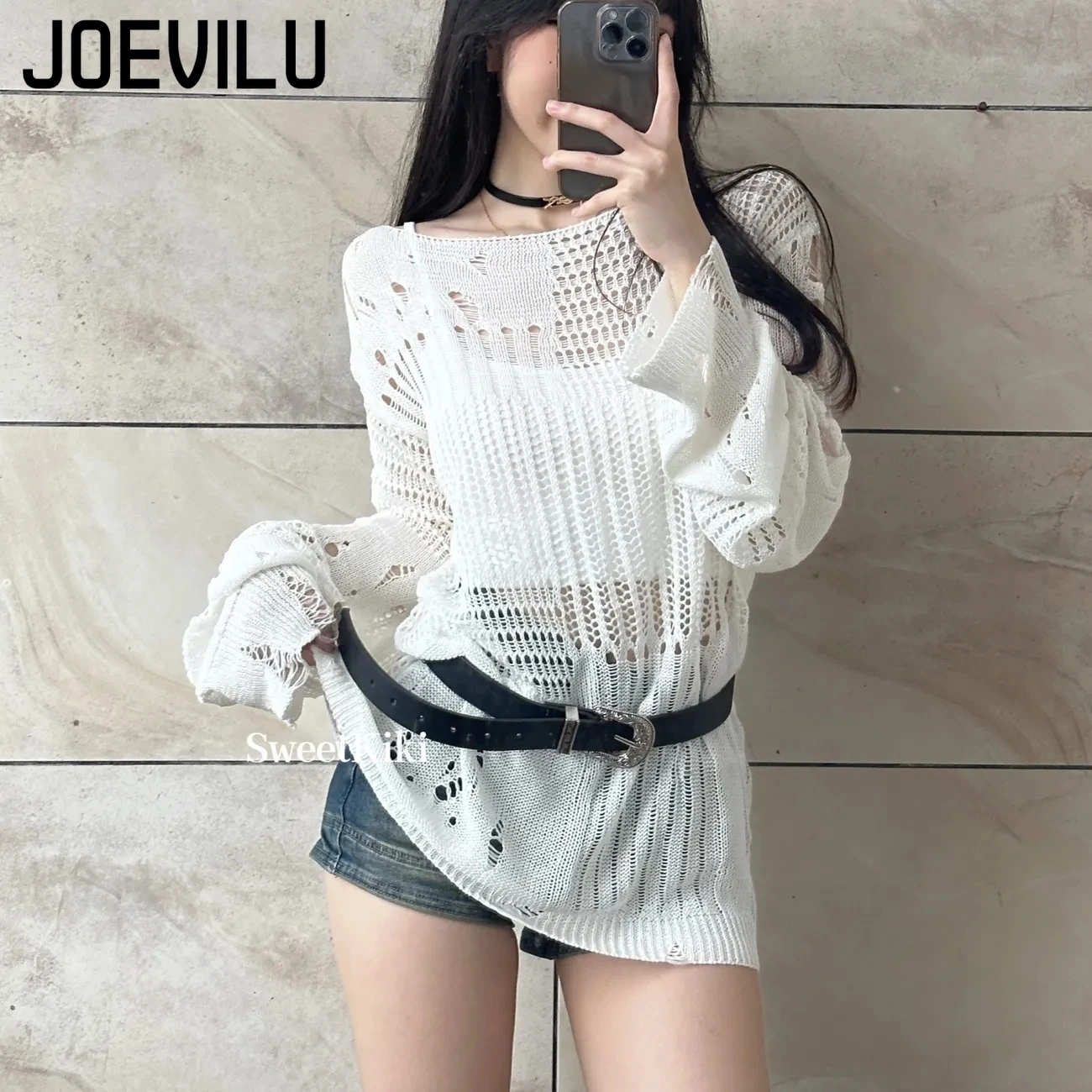 JOEVILU Hollow Knit Blouse Sum - Korean Lifestyle review and price